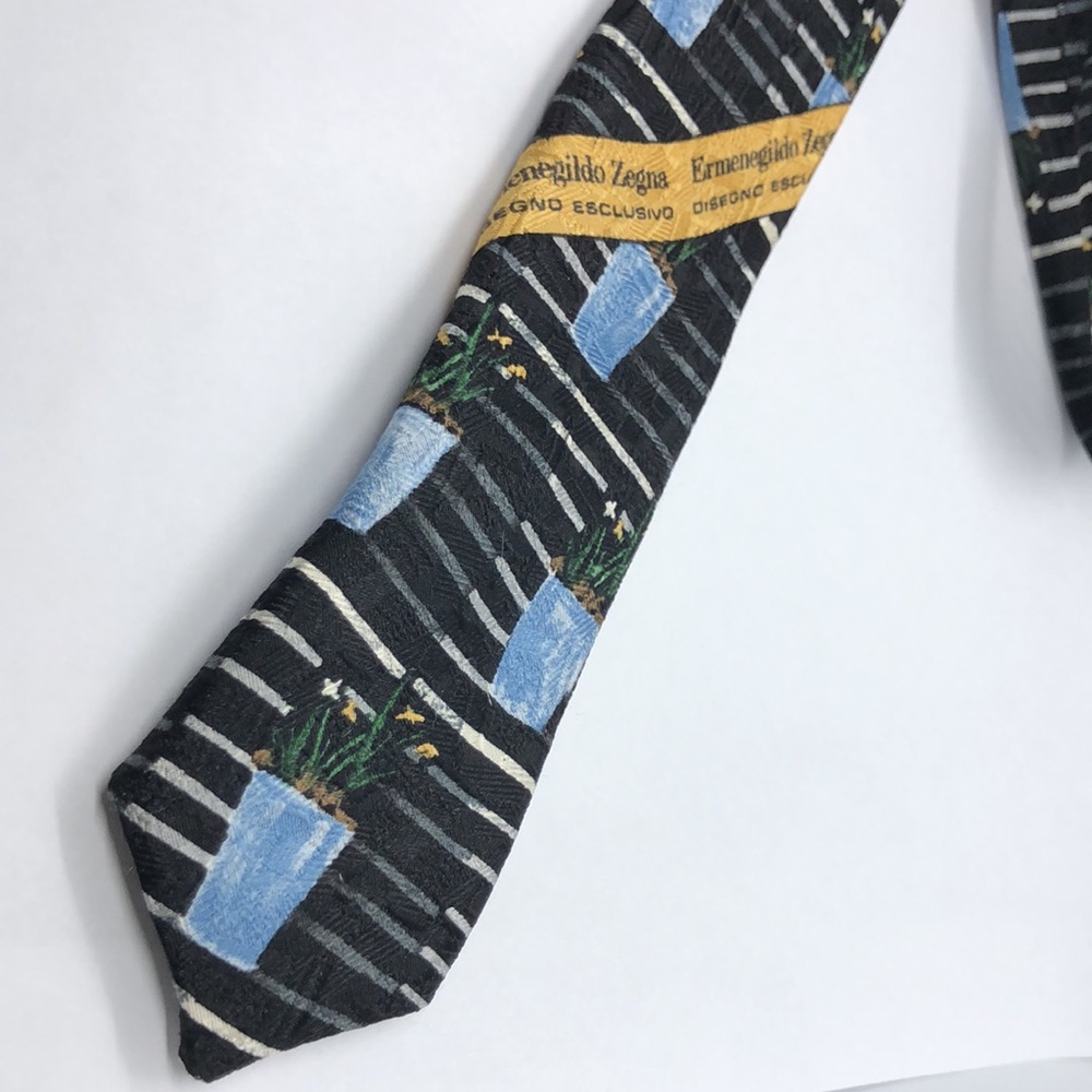 Vintage Ermenegildo Zegna Silk Tie Potted Daffodils Floral Stripe Italy